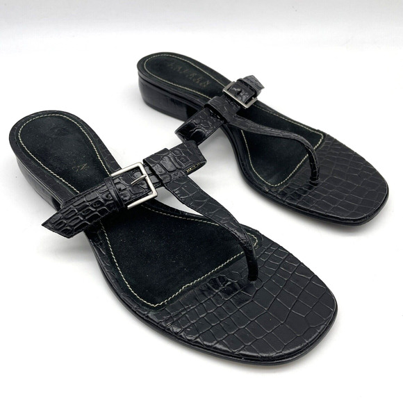 Vintage 90s Lauren Ralph Lauren DONCIA Black Croc Leather Buckle Sandals 7.5B - Picture 1 of 16